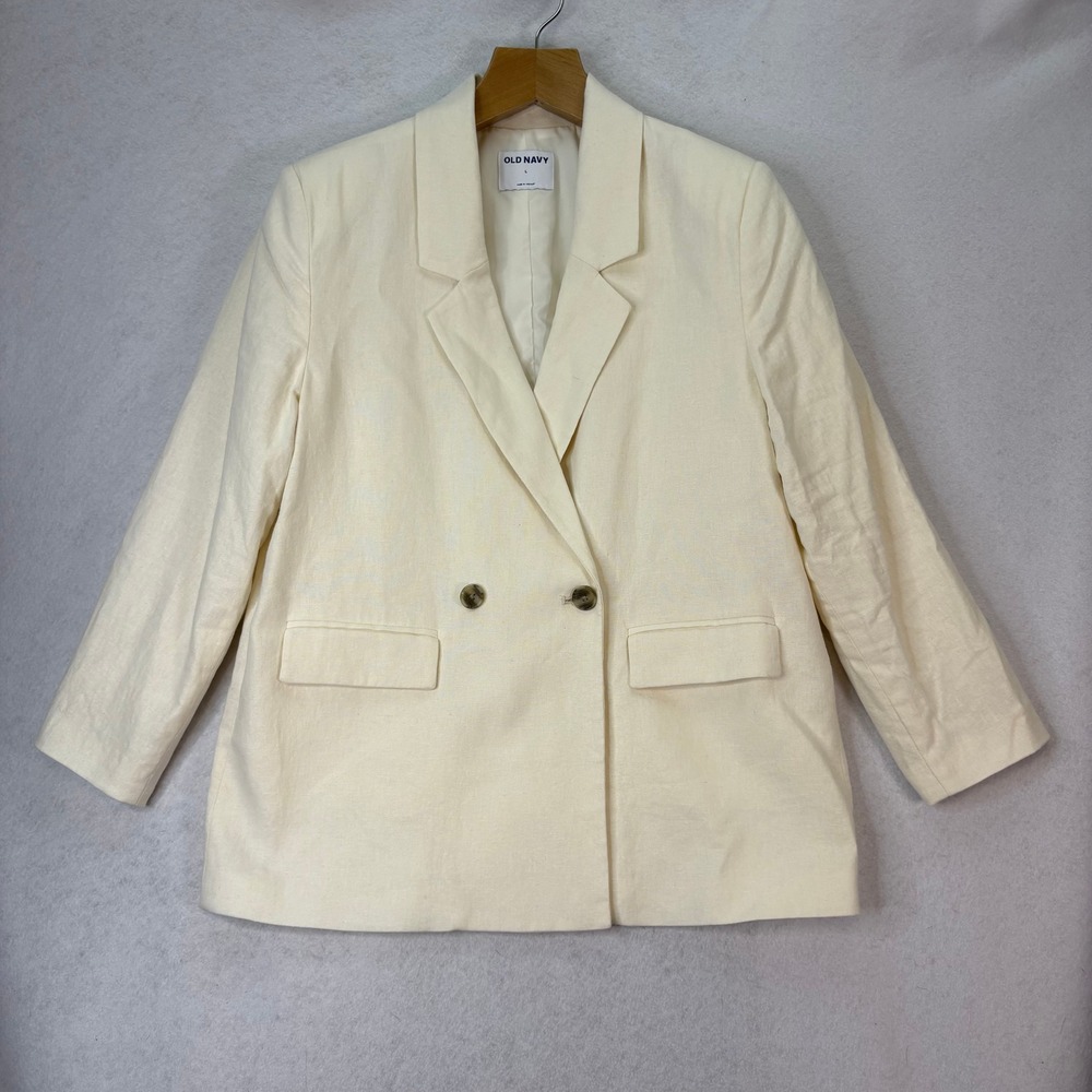 Old Navy Double Breasted Blazer Cream Linen Blend Women's Size L Casual Normcore